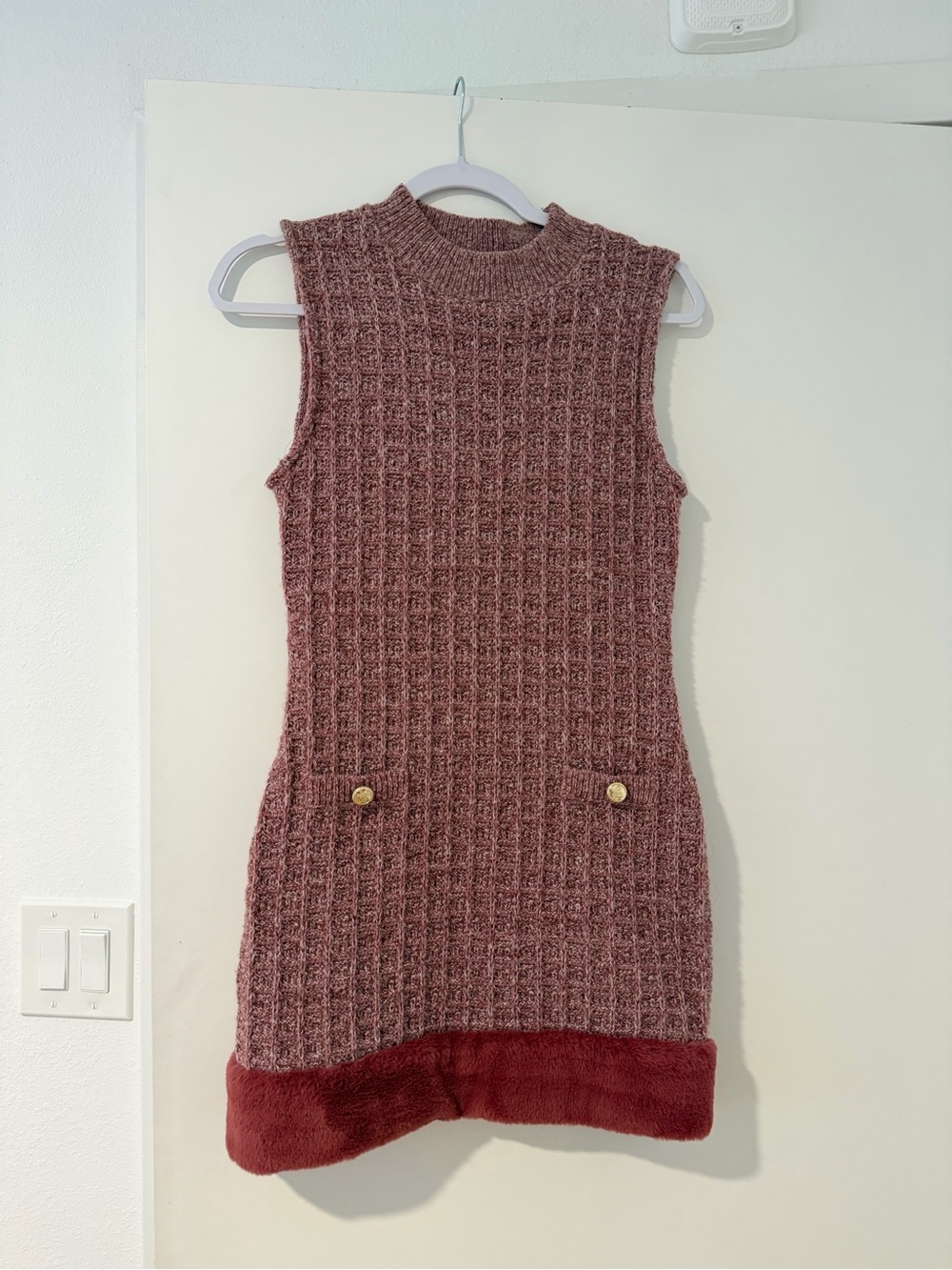 Zara Sleeveless Knit Cowl Neck Dress in Dusty Rose with Maroon Trim